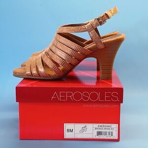 Aerosoles Strappy Open Toe Sandals, Cuban Style Heel, Bronze Snake Skin, Size 8M